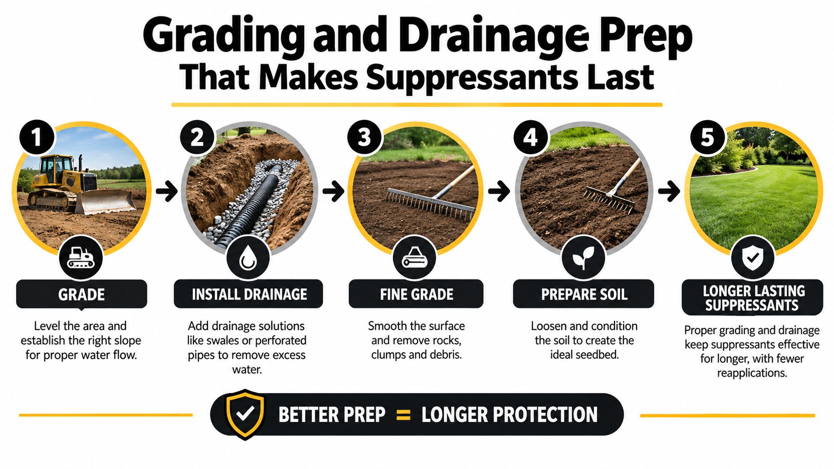 Gravel Driveway Dust Control That Actually Works 4 A five-step infographic showing the process of grading and drainage preparation for dust suppression systems.