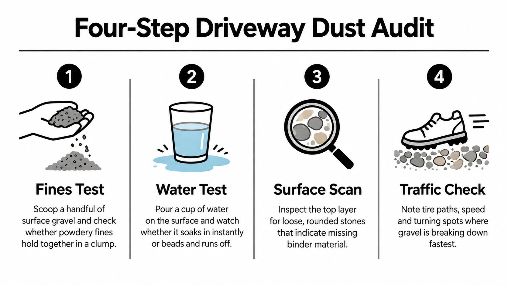 Gravel Driveway Dust Control That Actually Works 3 An infographic showing four steps for performing a gravel driveway dust audit to assess surface material.