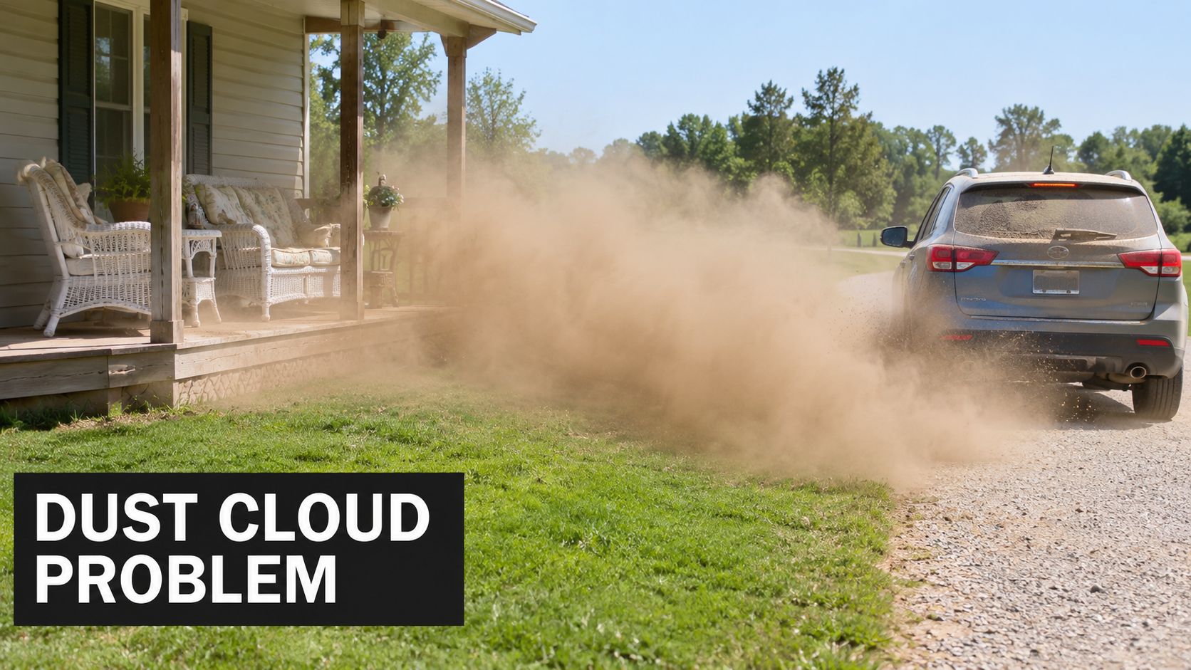 Gravel Driveway Dust Control That Actually Works 2 A car kicking up a large cloud of dust on a gravel driveway near a house.
