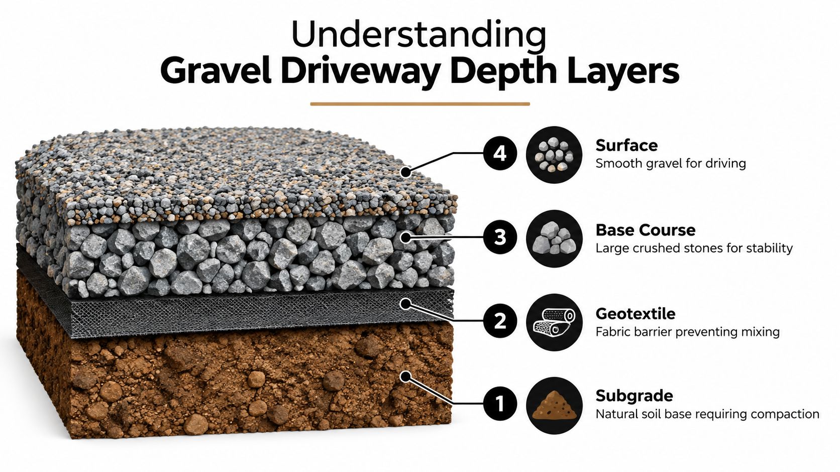 Gravel Driveway How Deep: Expert Base Guide 2 A diagram illustrating the four essential depth layers required for constructing a durable gravel driveway system.
