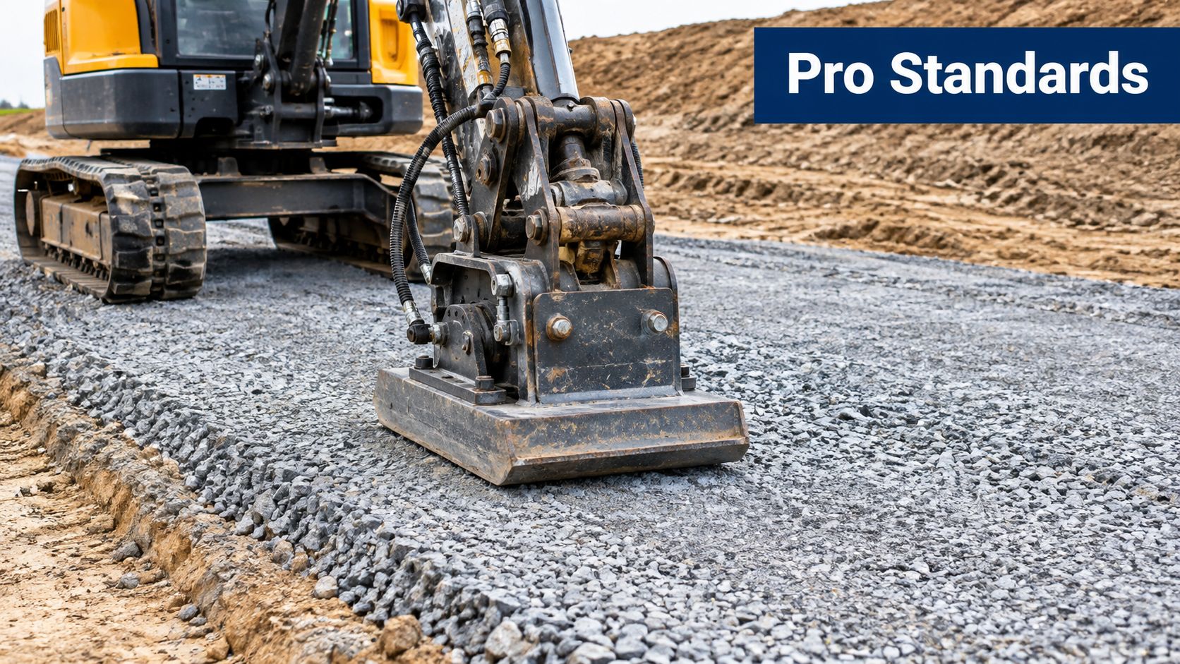 Gravel Driveway How Deep: Expert Base Guide 3 A yellow excavator with a hydraulic compactor plate leveling crushed stone for a new gravel driveway project.