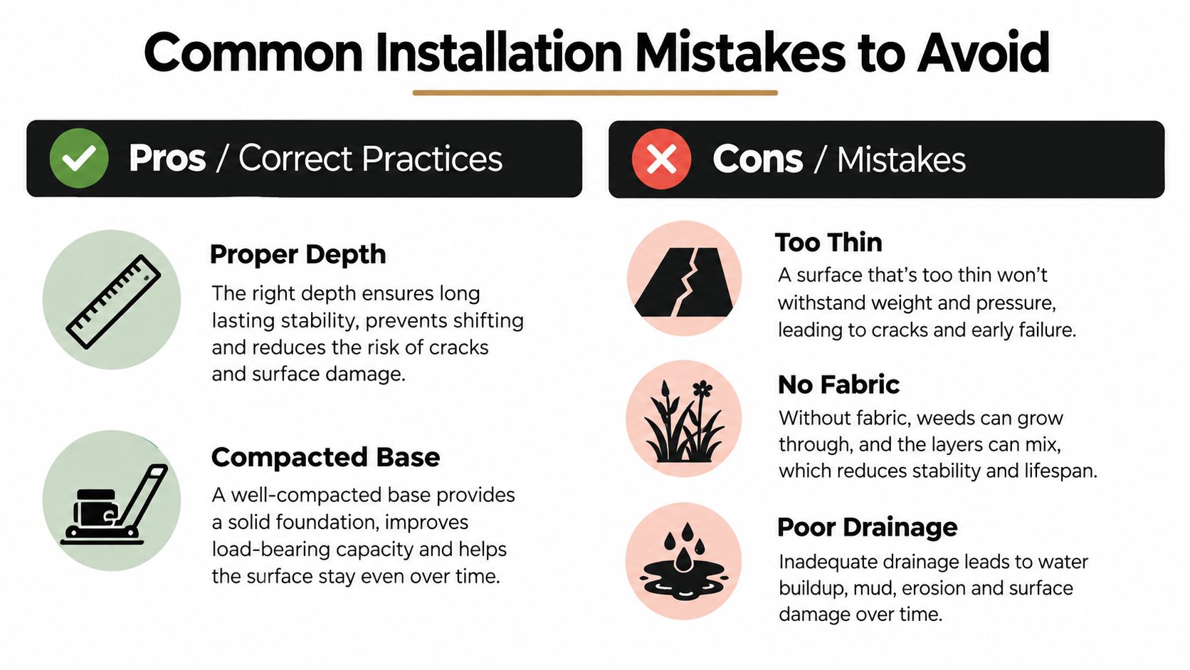 Gravel Driveway How Deep: Expert Base Guide 4 A visual guide illustrating correct construction practices versus common mistakes when installing surfaces like gravel driveways.