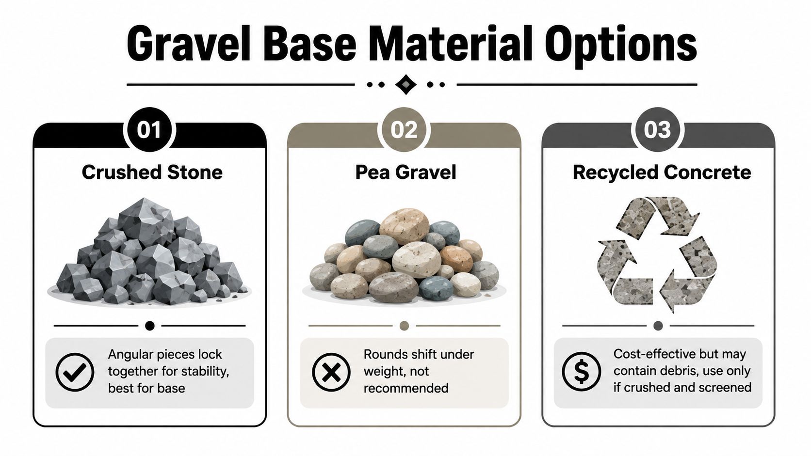 Gravel Shed Pad Installation How to Build a Lasting Base 4 An infographic comparing three gravel base material options for projects like shed pads or driveways.