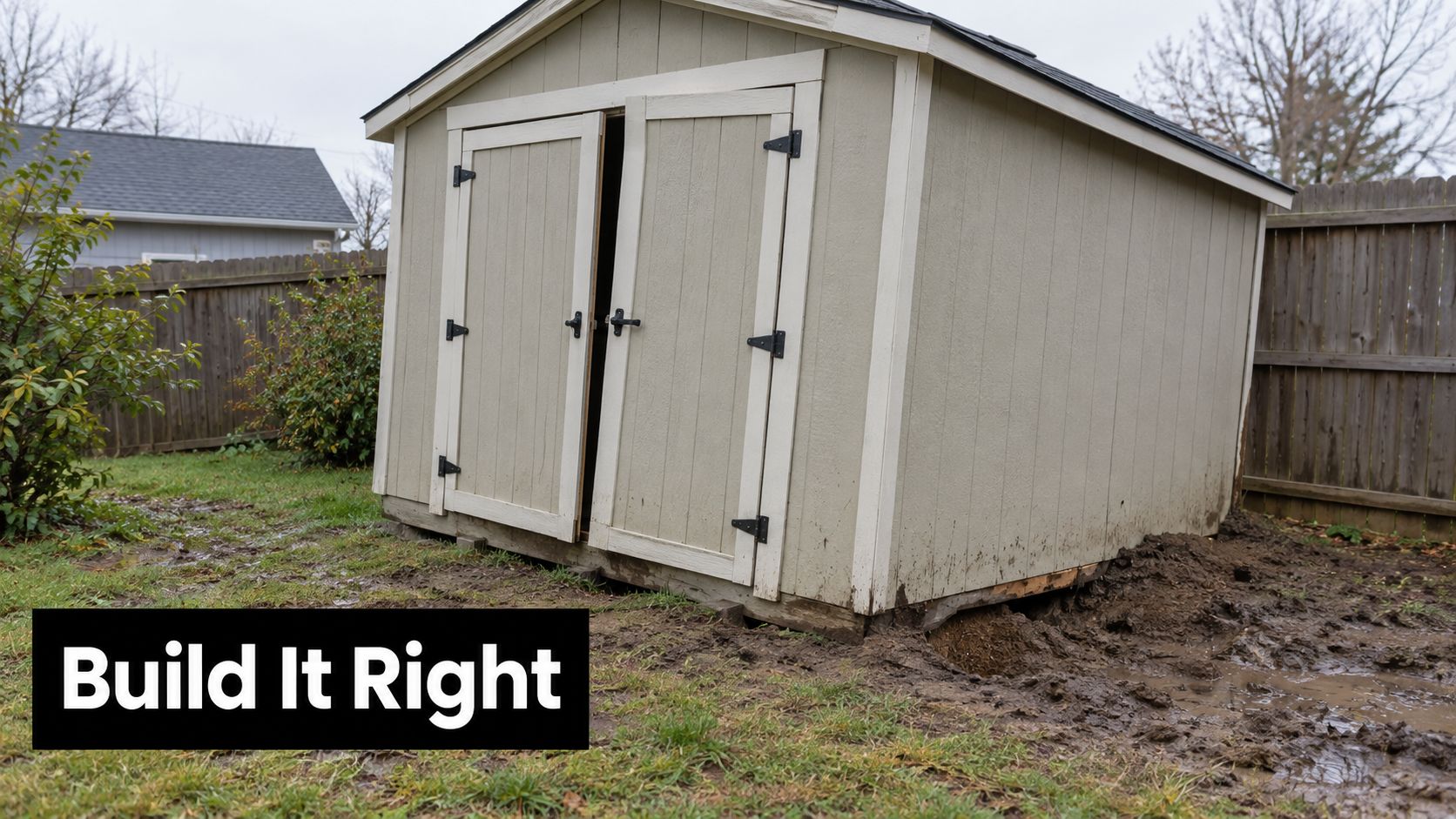 Gravel Shed Pad Installation How to Build a Lasting Base 2 A leaning garden shed sitting on uneven, muddy ground without a proper gravel foundation or base.