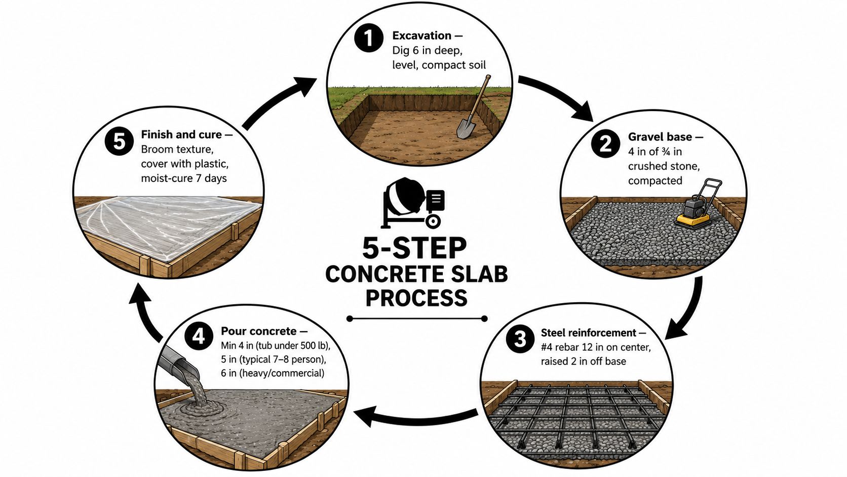 An infographic showing the 5-step process for installing a concrete slab base for a hot tub.