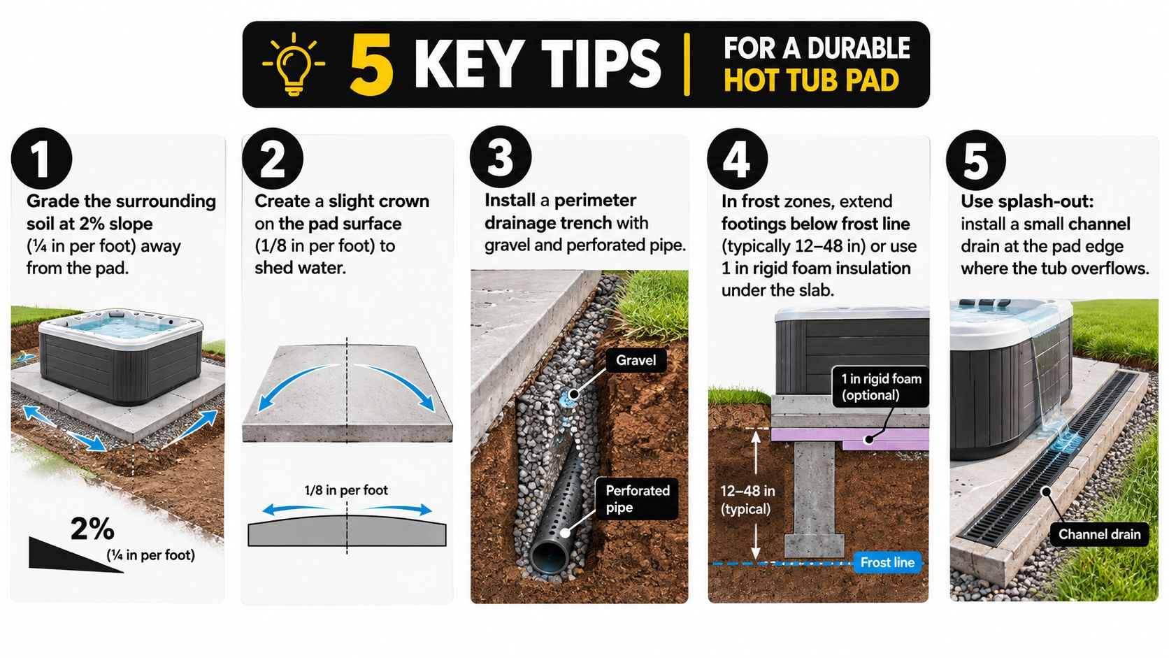 An infographic showing five essential tips for constructing a durable and well-draining hot tub pad.