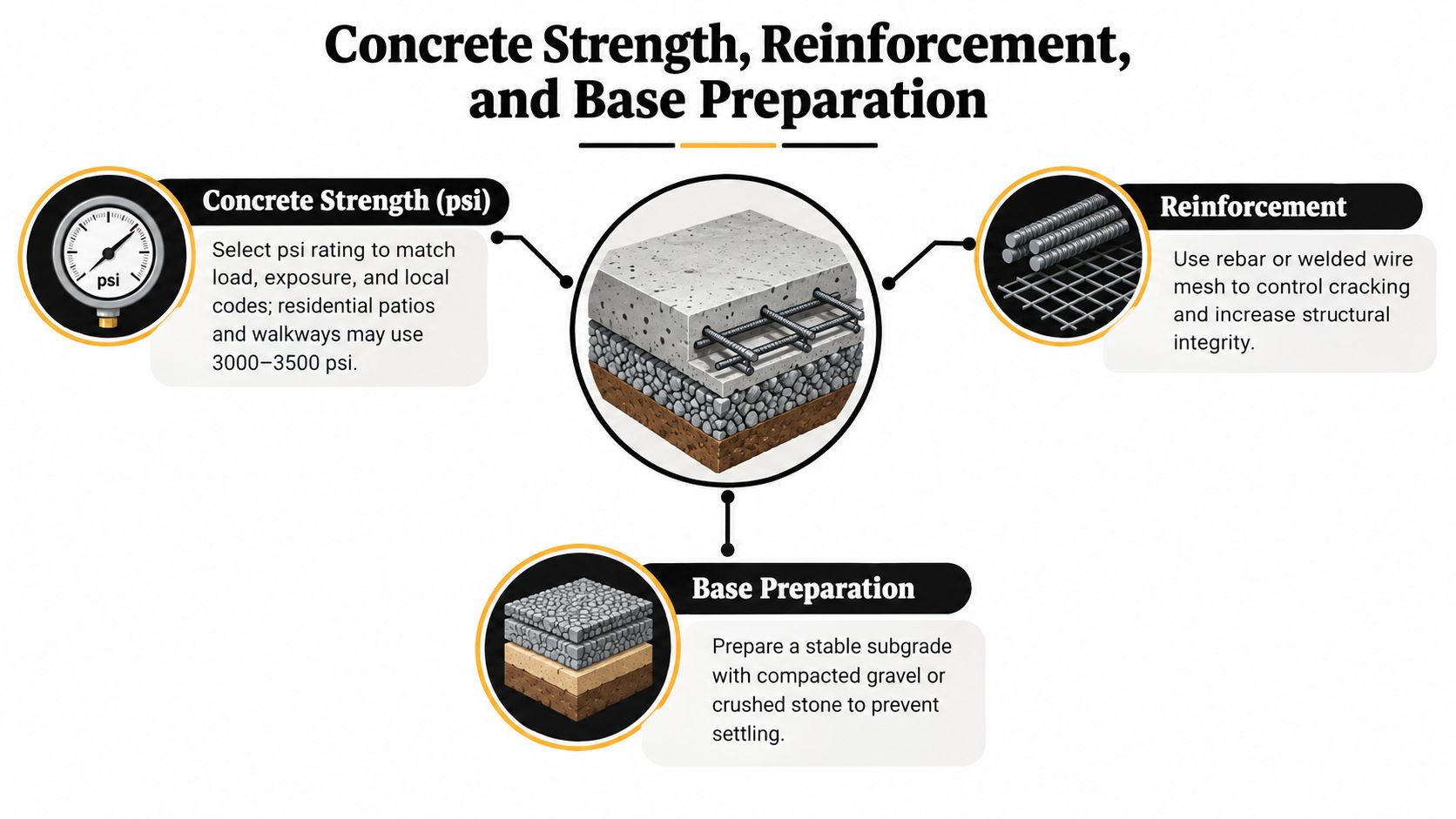 How Thick Should a Concrete Slab Be: A Homeowner's Guide 2 An infographic illustrating essential steps for a durable concrete slab, including strength, reinforcement, and base preparation.