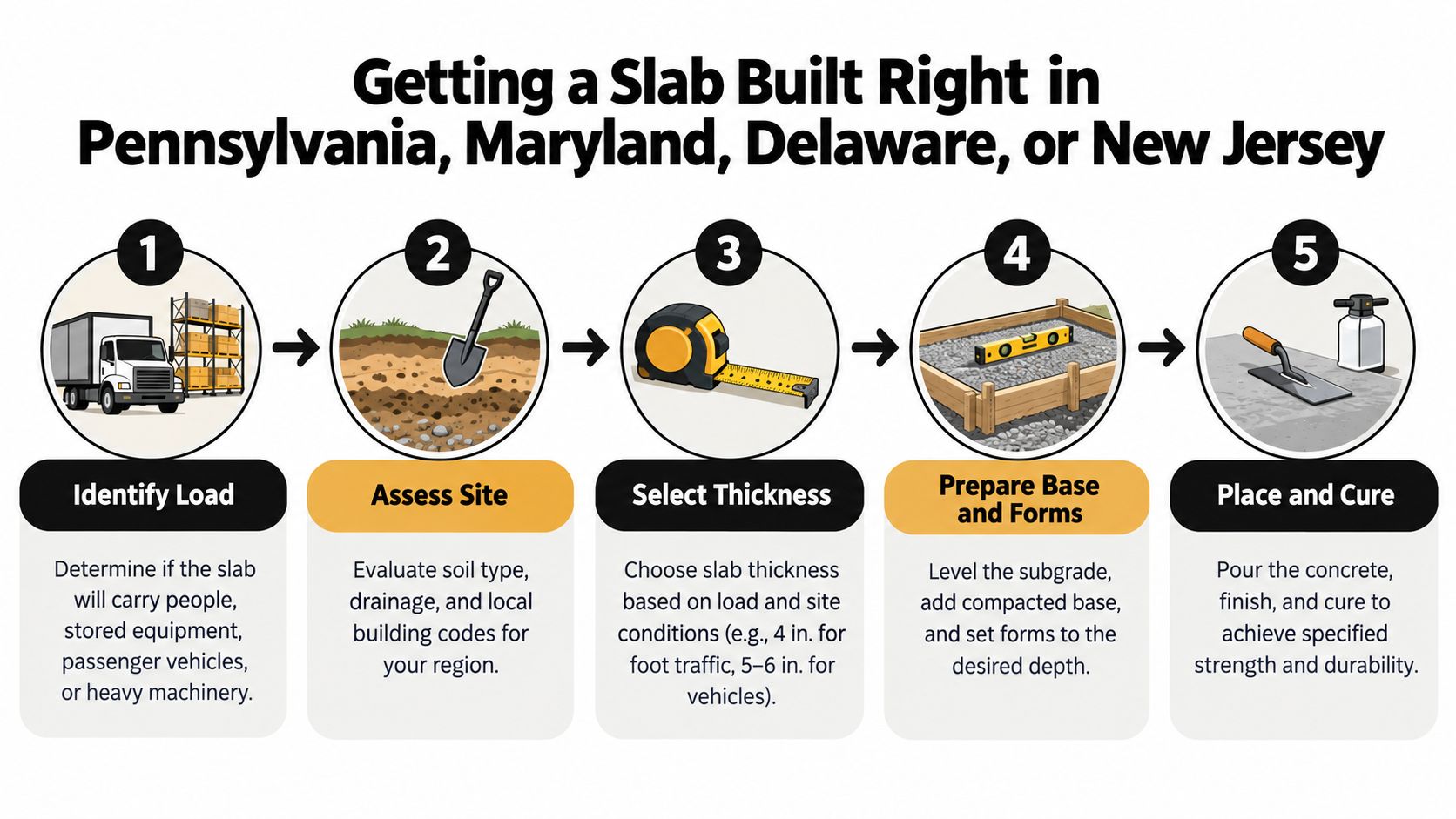How Thick Should a Concrete Slab Be: A Homeowner's Guide 3 A five-step infographic showing the process for building a concrete slab in the Mid-Atlantic region.
