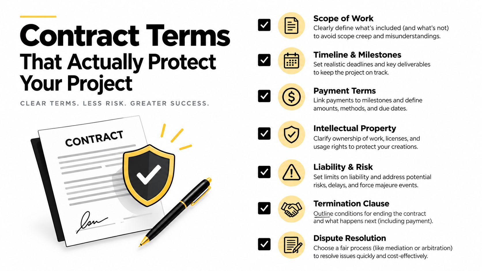 How to Choose a Concrete Contractor: A Homeowner's Guide 2 An infographic titled Contract Terms That Actually Protect Your Project, listing seven essential legal components for contracts.