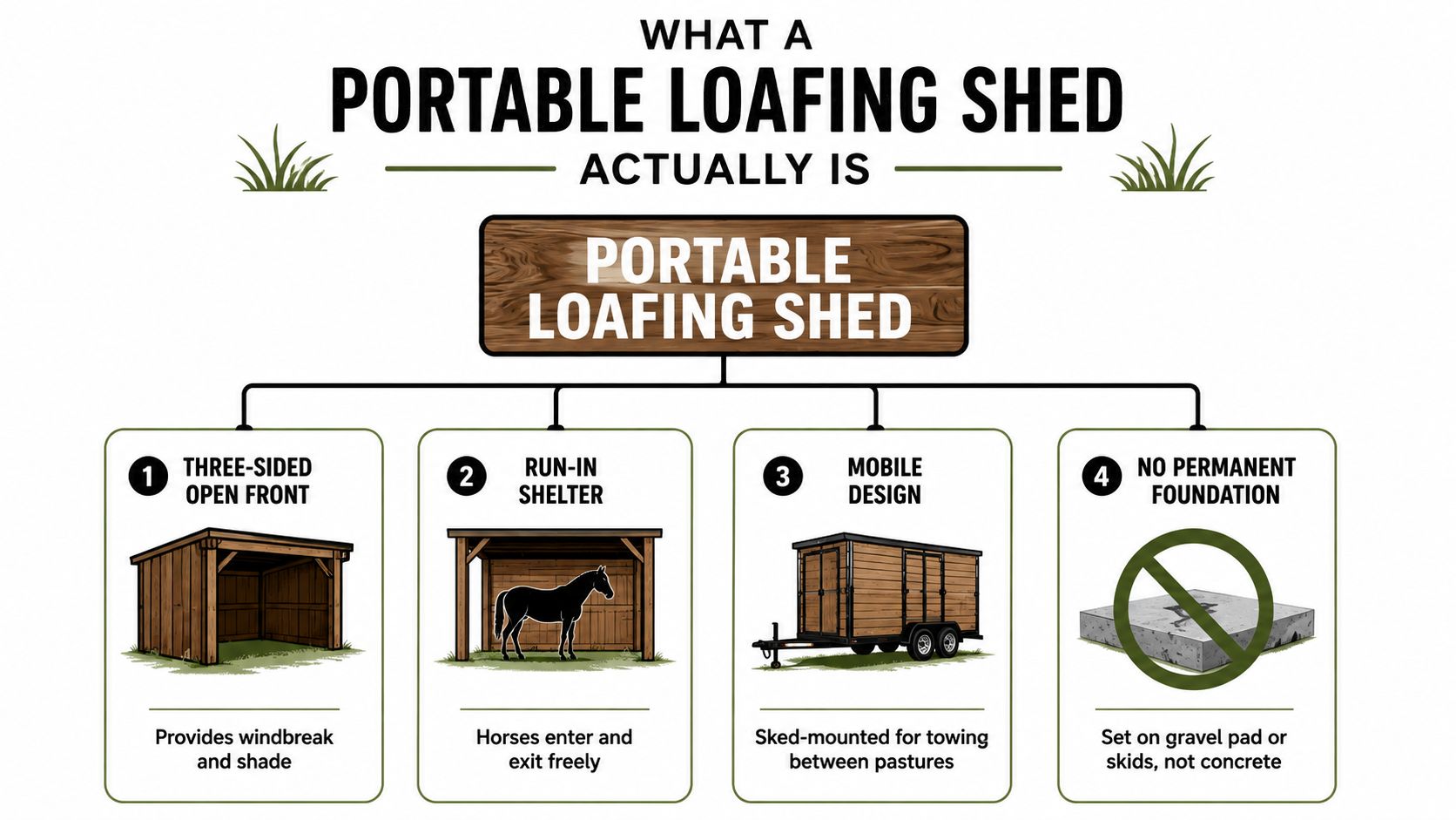 Portable Loafing Sheds for Horses in PA, MD, DE, NJ 2 An infographic showing the four key characteristics of a portable loafing shed for horses and livestock.