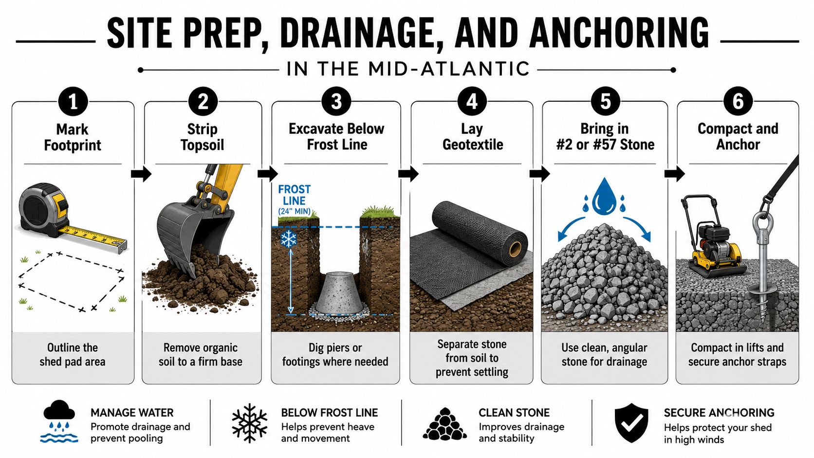 Portable Loafing Sheds for Horses in PA, MD, DE, NJ 3 A six-step infographic detailing site preparation, drainage, and anchoring procedures for shed foundations in the Mid-Atlantic.