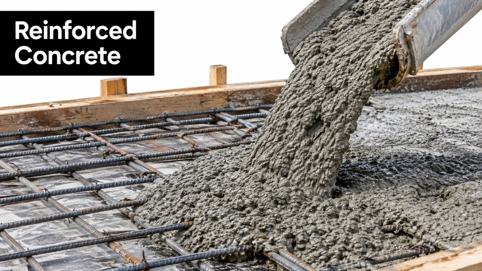 Questions to Ask Concrete Driveway Contractor 3 Wet concrete is poured from a construction chute onto a steel rebar frame for a building project.