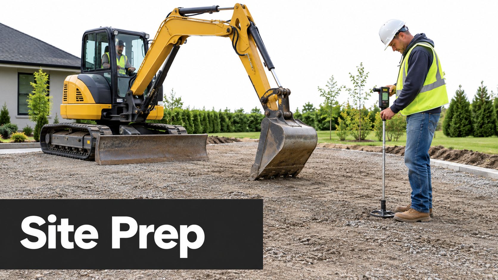 Questions to Ask Concrete Driveway Contractor 2 A construction worker uses a soil compaction tester on a gravel driveway near an excavator machine.