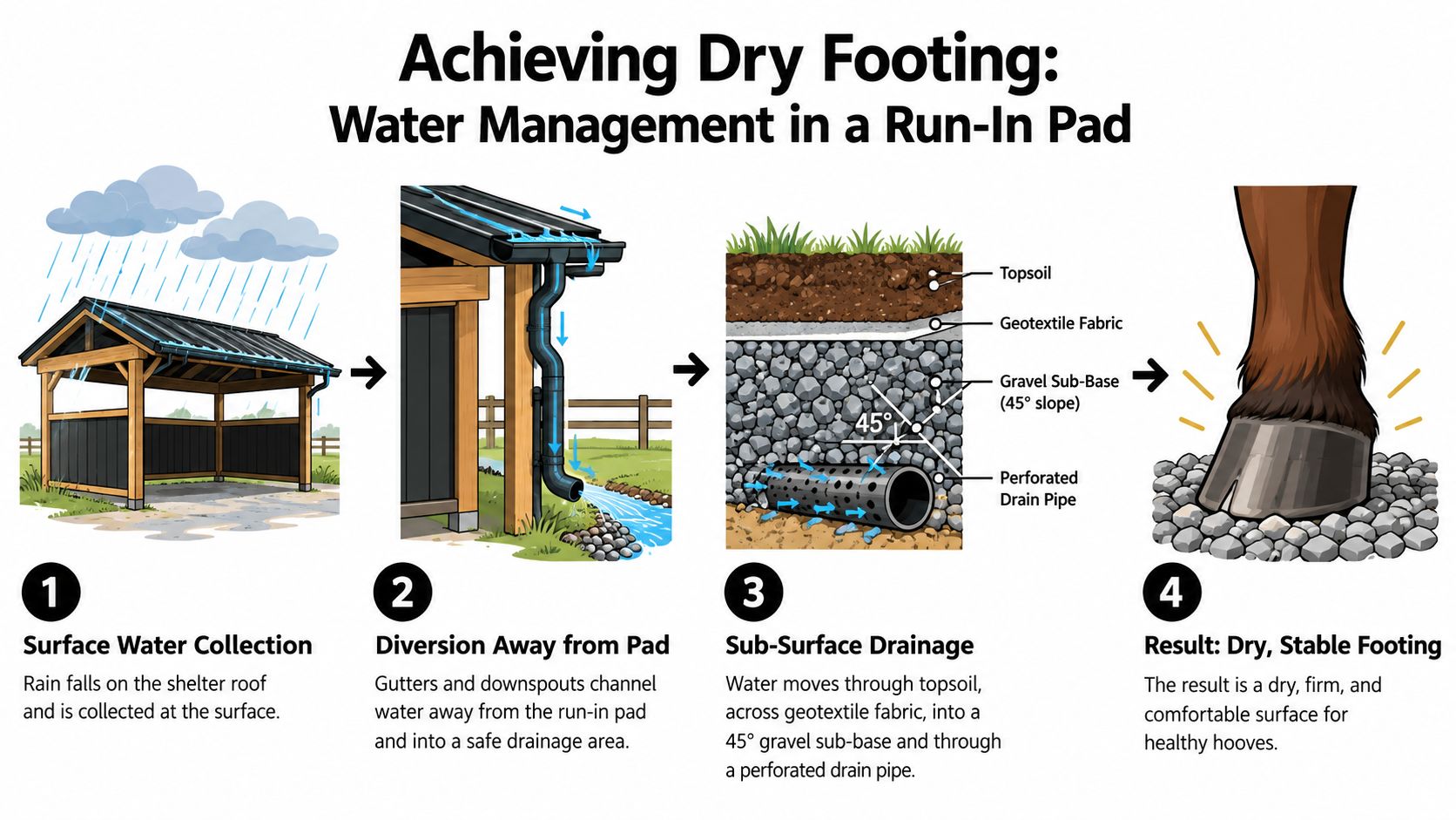 Run in Horse Barns: A Practical Building Guide 3 A diagram illustrating four steps to create a dry, stable footing for a run-in horse barn.