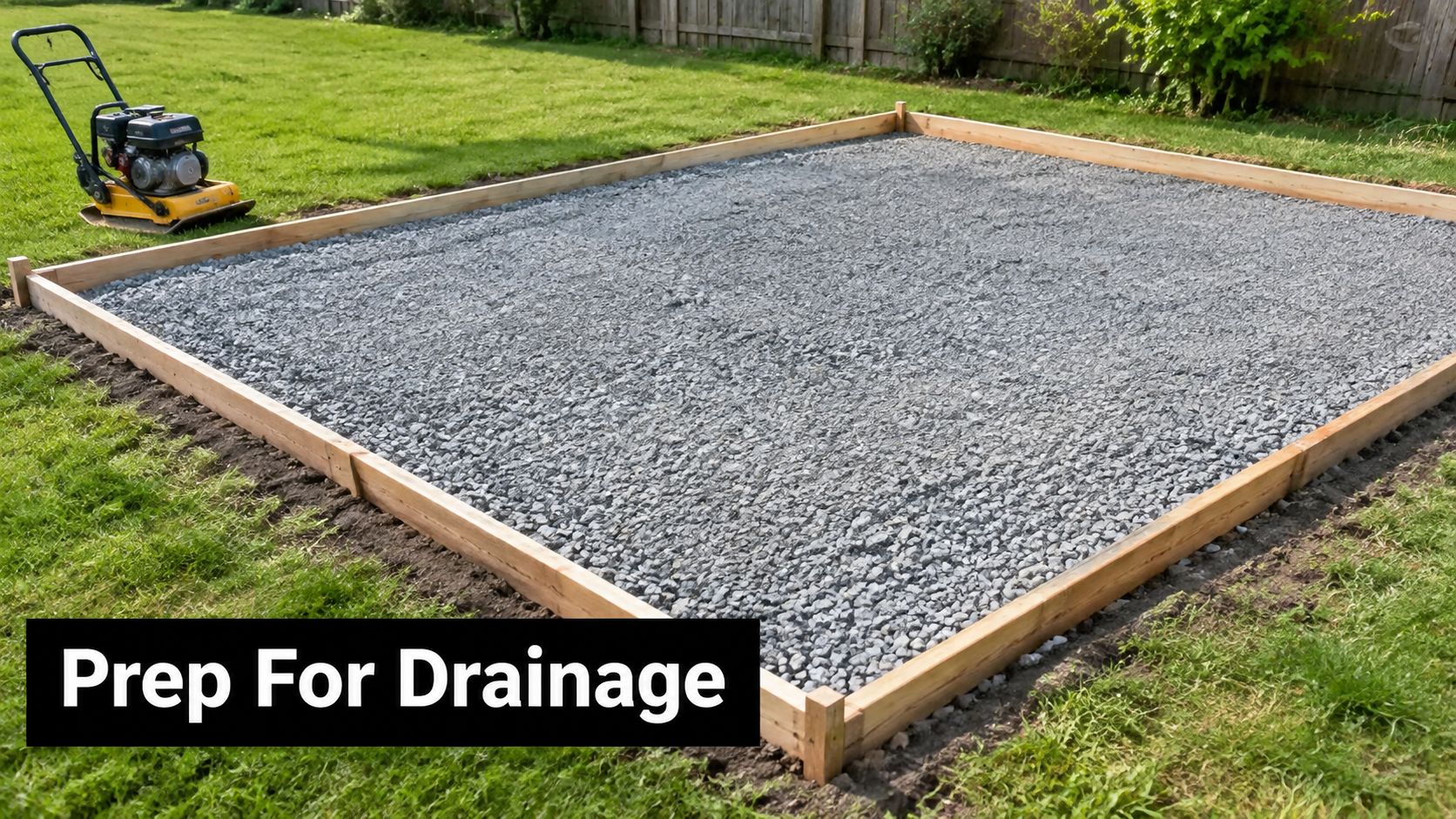 Shed with Floor Kit Guide for PA Homes 3 A gravel-filled rectangular base framed with wooden boards in a yard for a shed foundation.