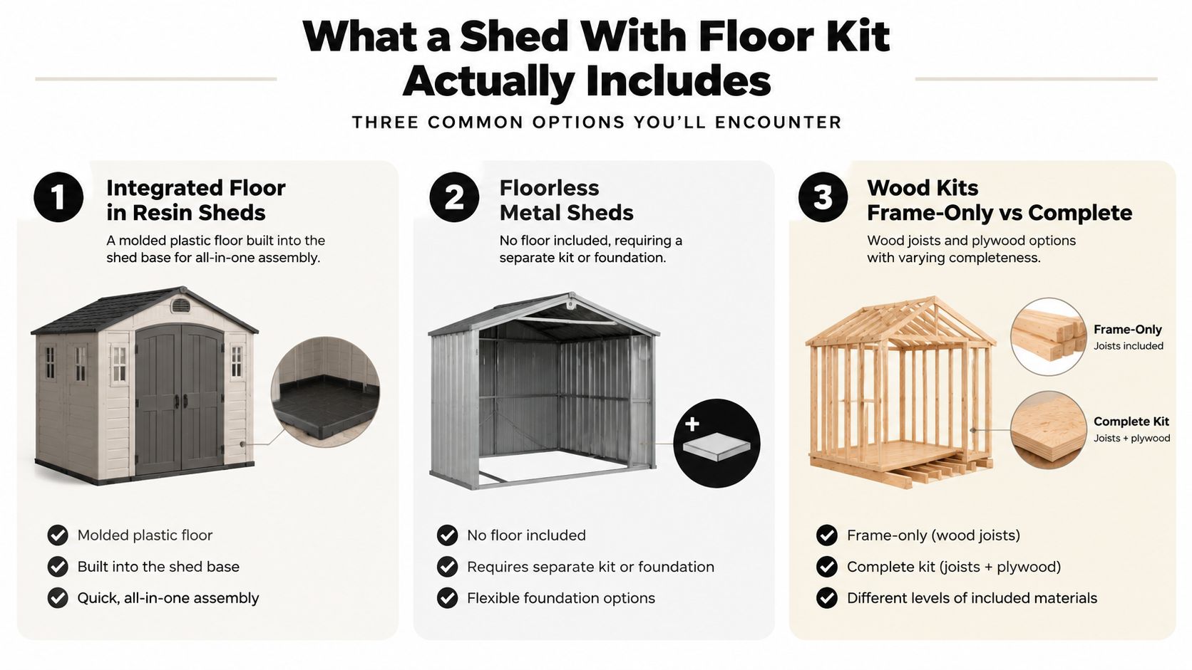 Shed with Floor Kit Guide for PA Homes 2 A diagram illustrating the three common types of shed flooring options, including resin, metal, and wood kits.