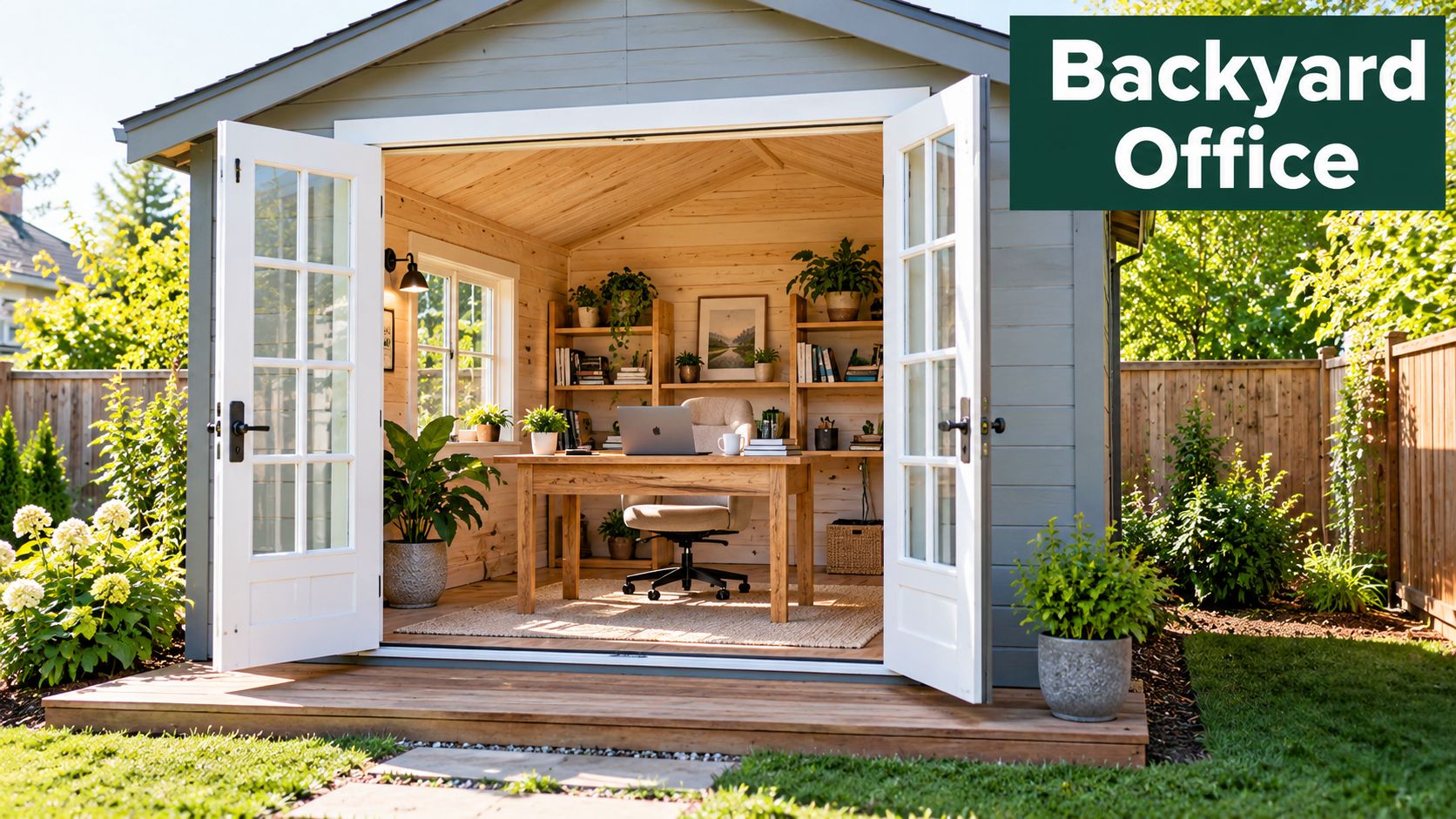 A serene backyard shed transformed into a functional office space with natural wood walls and greenery.