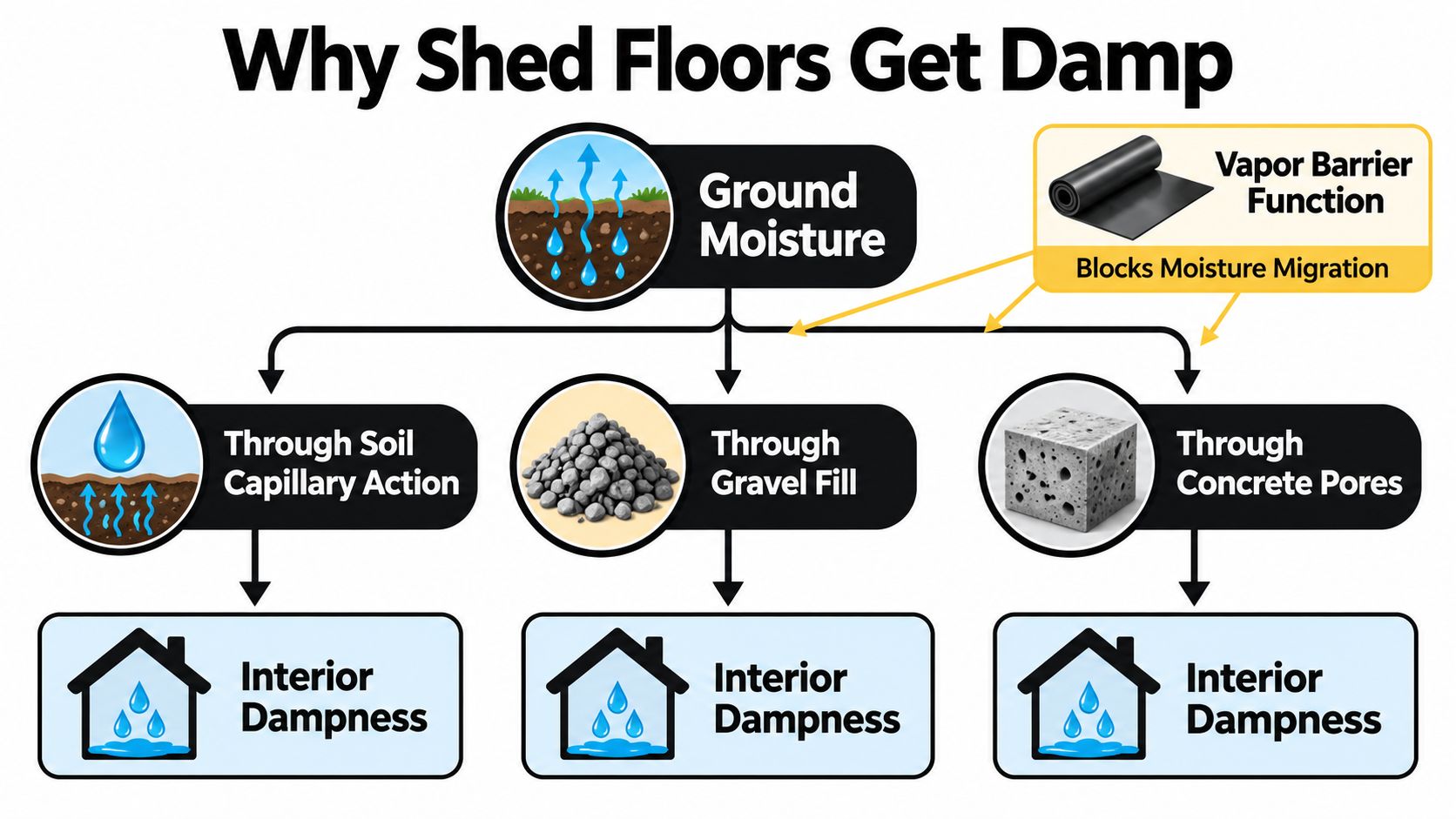 Vapor Barrier Shed Foundations That Last in PA 2 A diagram explaining three ways ground moisture enters shed floors, including capillary action, gravel, and concrete pores.