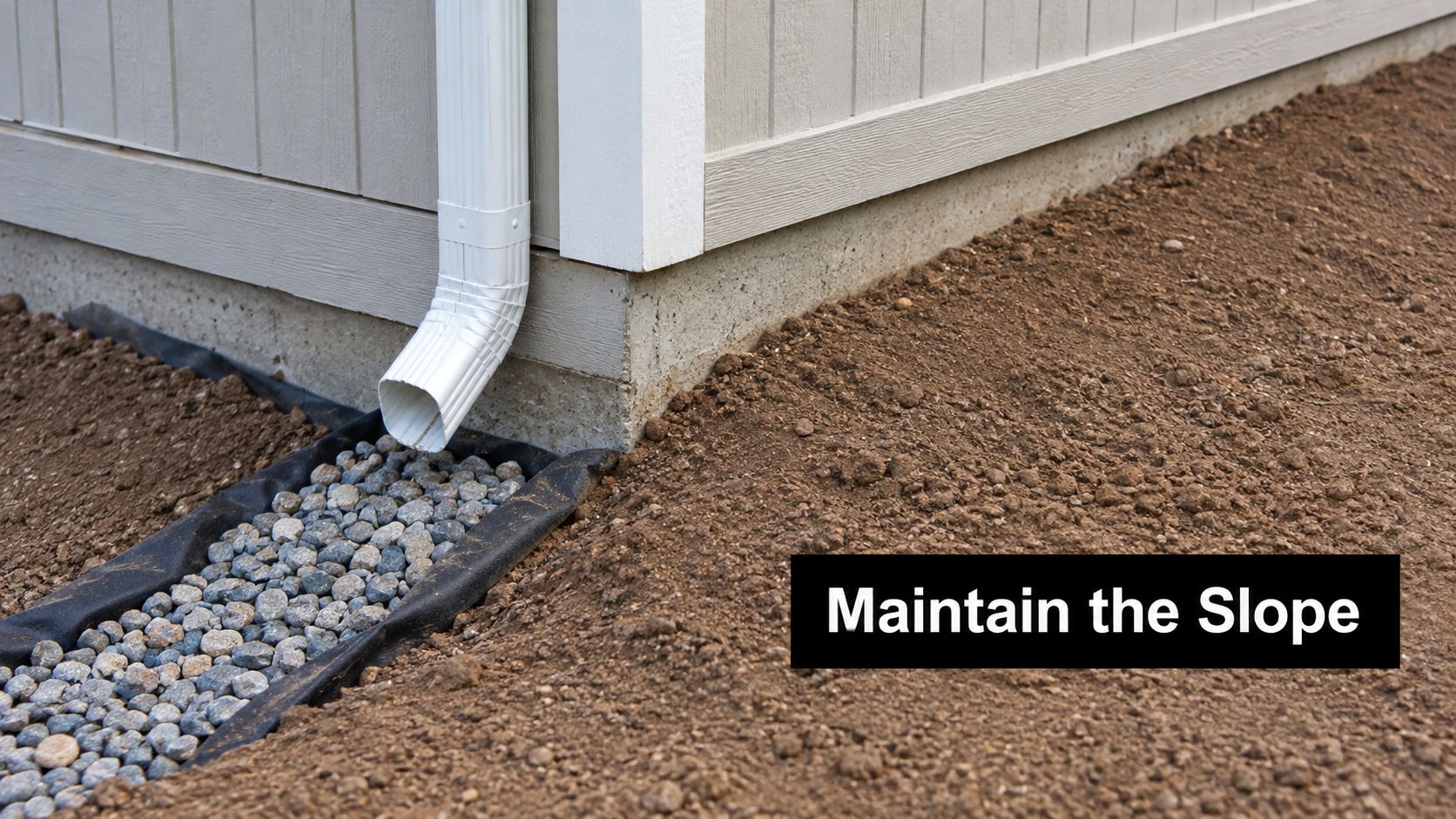 Vapor Barrier Shed Foundations That Last in PA 5 A house foundation with a downspout draining into a gravel-filled French drain to manage water runoff.