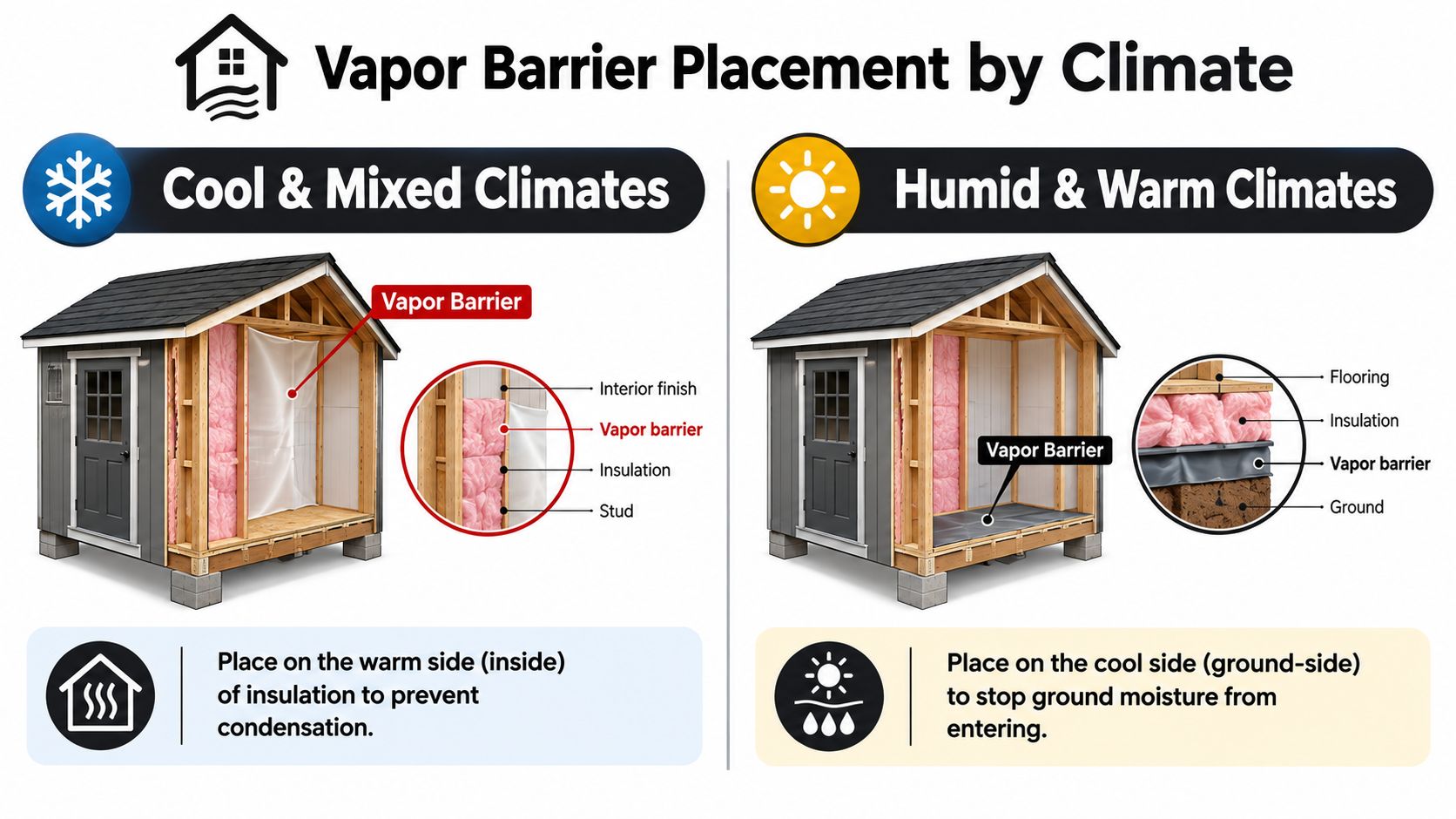 Vapor Barrier Shed Foundations That Last in PA 3 A guide showing proper vapor barrier placement for sheds in cool versus humid climate conditions.