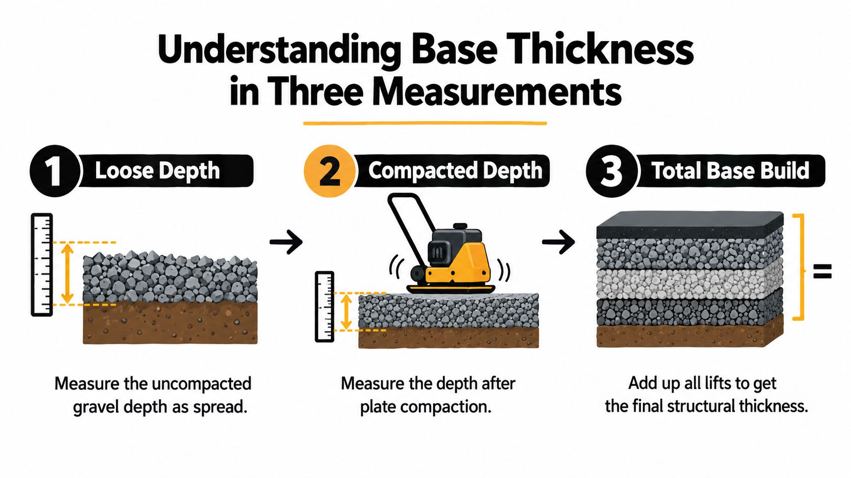 Concrete Driveway Gravel Base Thickness Guide for 2026 2 An infographic illustrating the three steps to measure gravel base thickness for a driveway project.