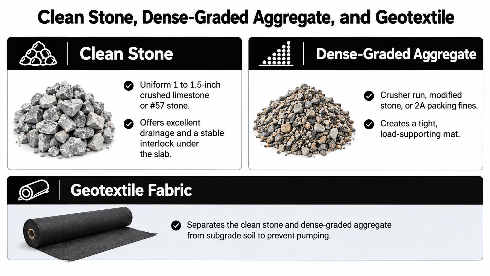 Concrete Driveway Gravel Base Thickness Guide for 2026 3 A diagram comparing clean stone, dense-graded aggregate, and geotextile fabric for construction sub-base layers.