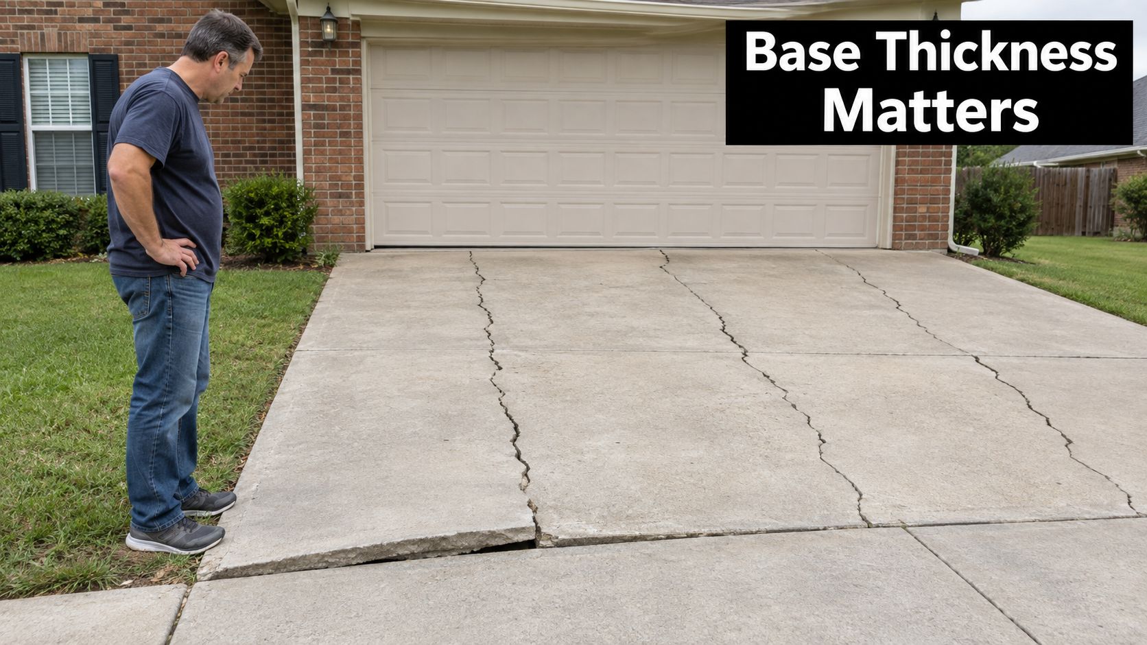 Concrete Driveway Gravel Base Thickness Guide for 2026 1 A man standing next to a severely cracked and sunken concrete driveway displaying structural base failure.
