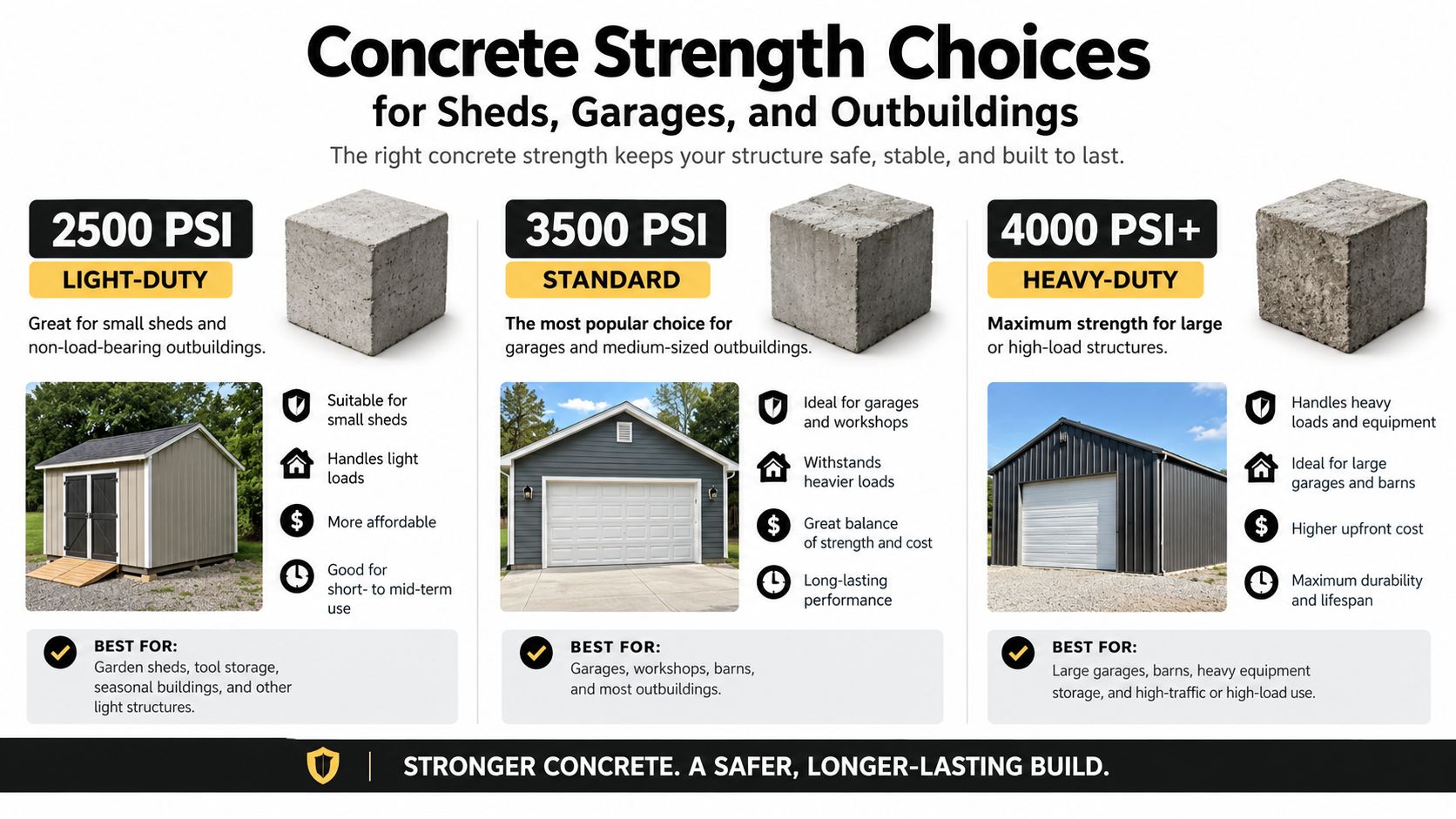 Concrete Foundation Standards: What Homeowners Need 4 A comparison chart showing three concrete strength options for sheds, garages, and other outbuildings.