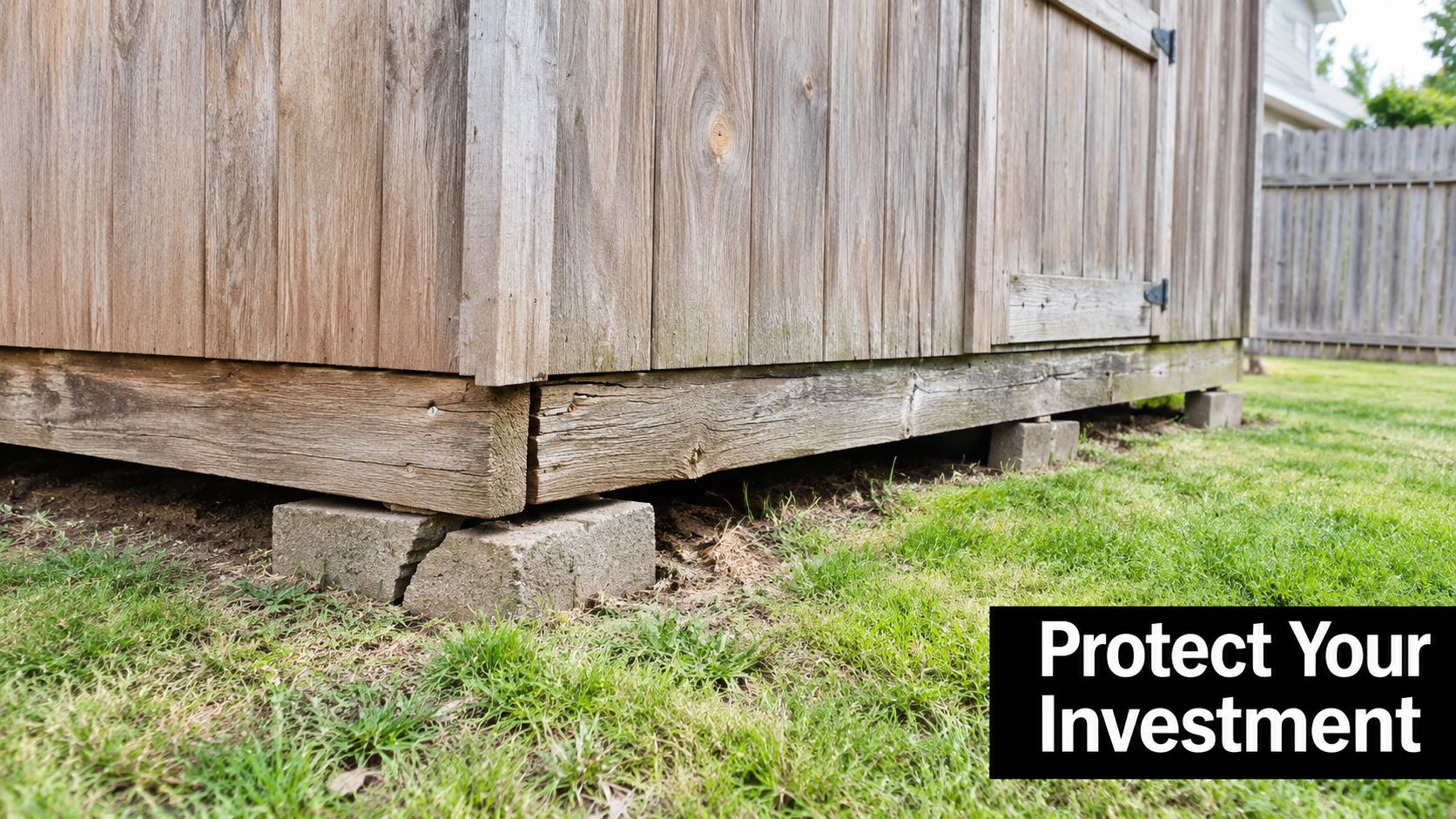 Concrete Foundation Standards: What Homeowners Need 1 A close-up view of a wooden shed base resting on cracked concrete blocks on grass.