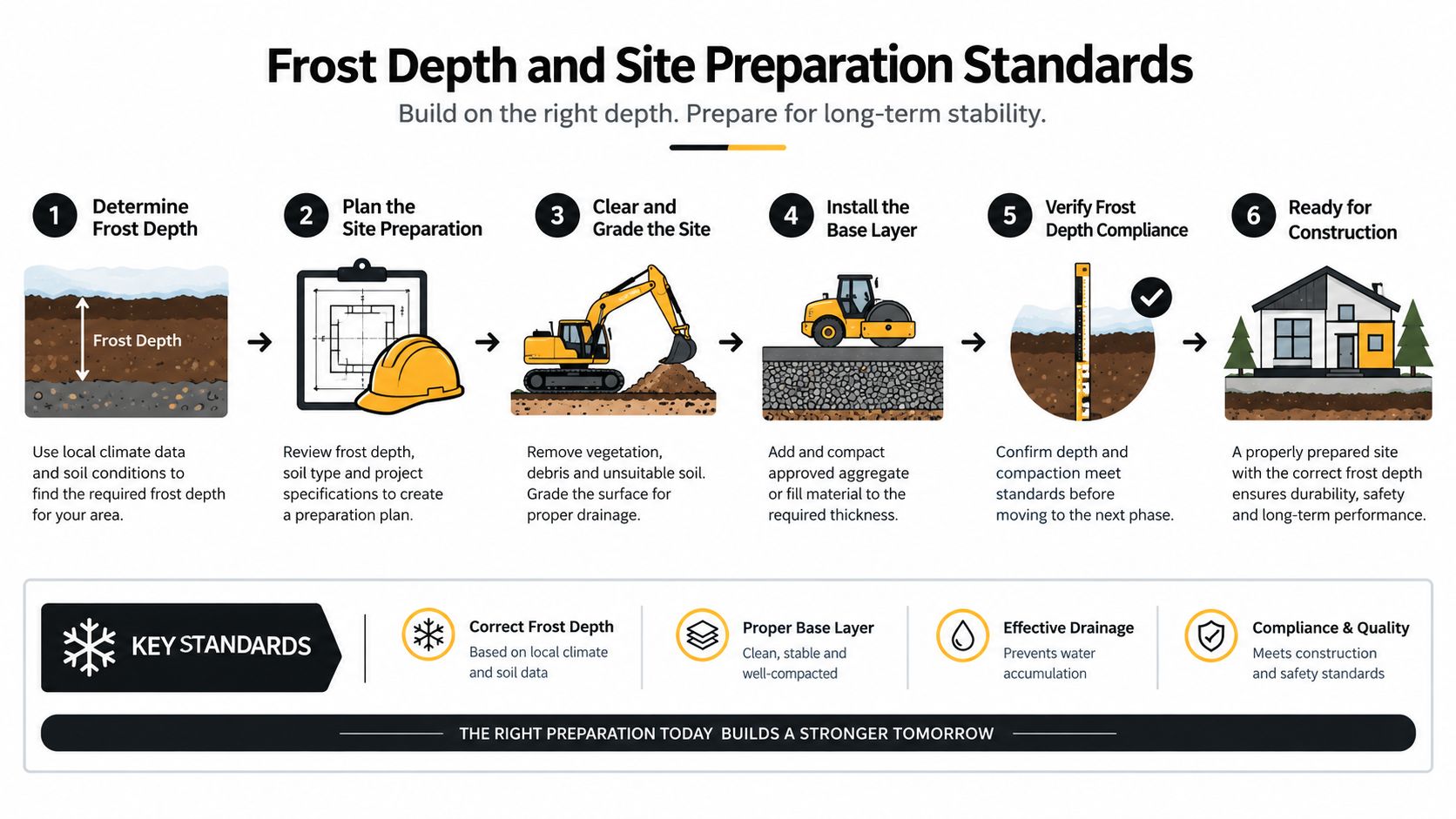Concrete Foundation Standards: What Homeowners Need 3 A six-step infographic illustrating the professional process for determining frost depth and preparing construction site foundations.