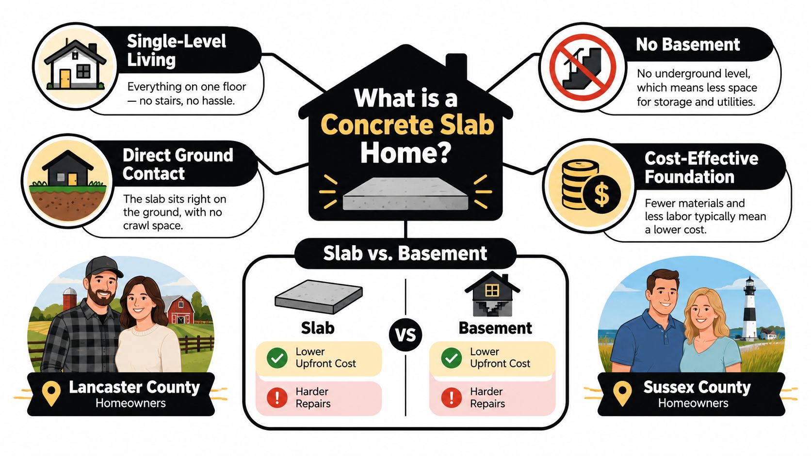 Concrete Slab Home Guide for PA, MD, DE, and NJ 1 An infographic detailing the features and pros and cons of living in a concrete slab home.