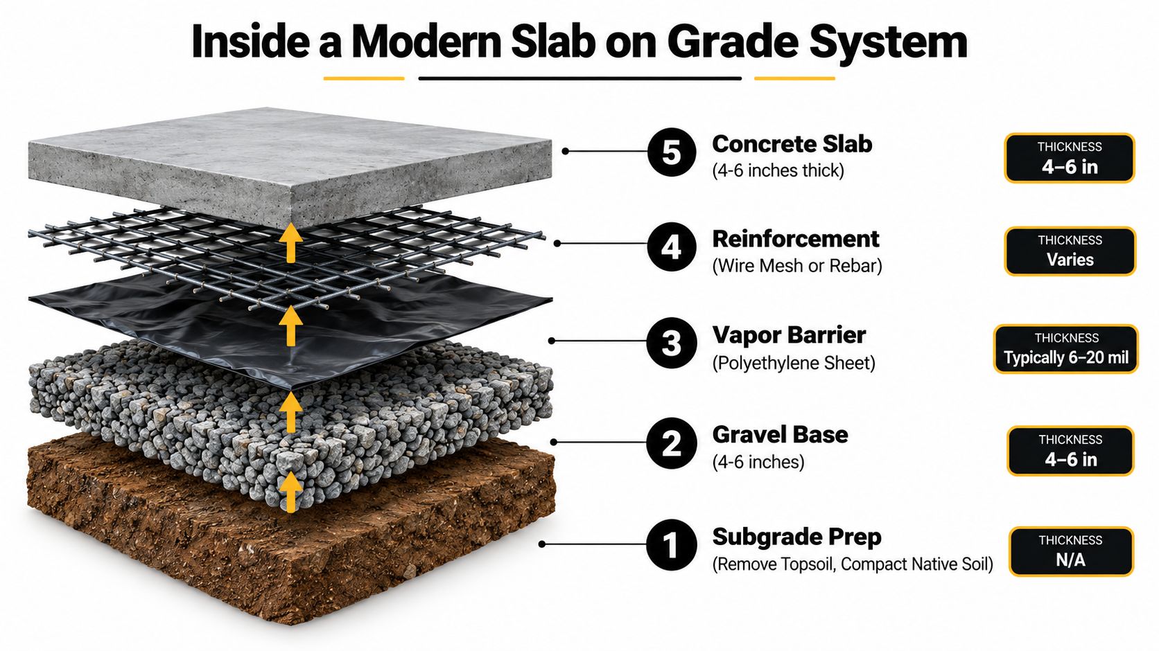 Concrete Slab Home Guide for PA, MD, DE, and NJ 2 A diagram illustrating the five layers of a modern concrete slab on grade foundation system.