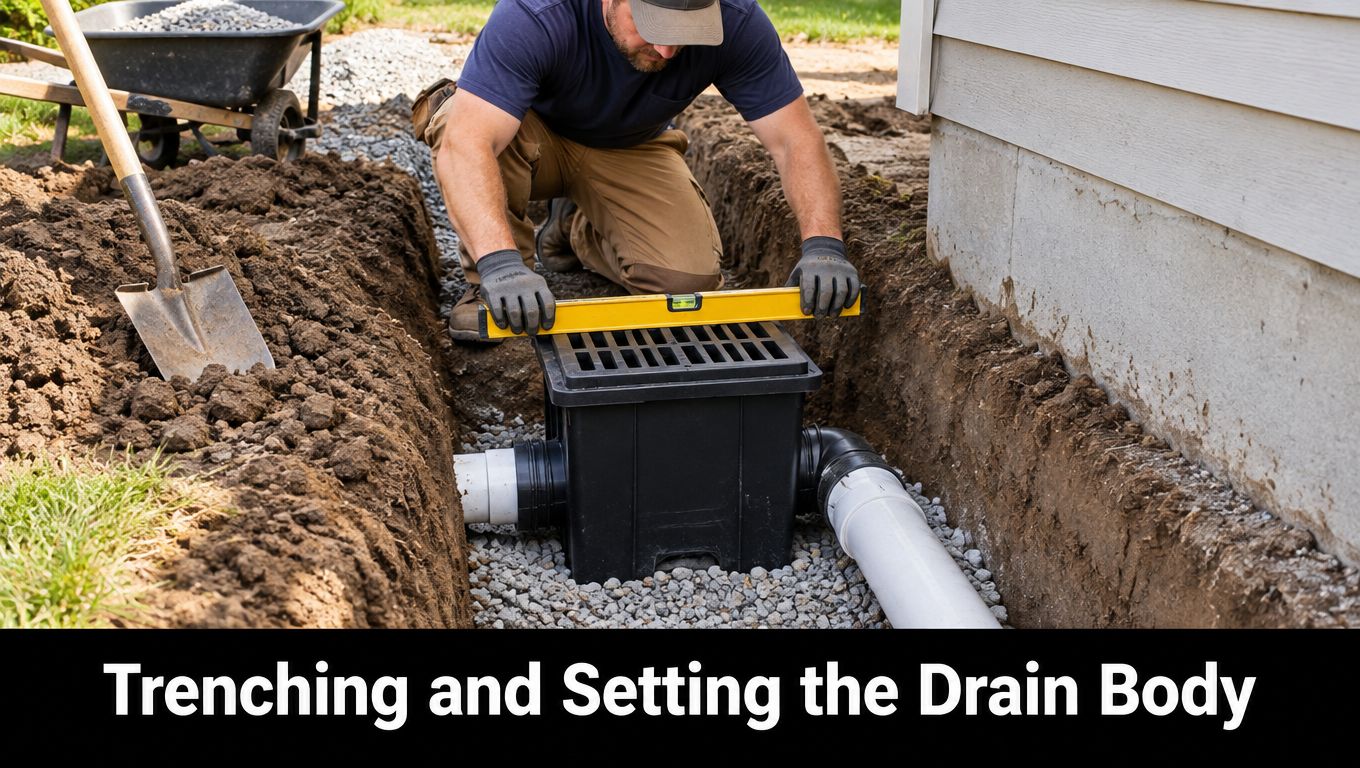 Garage Floor Drain Installation Guide 2 A professional construction worker installs a drainage basin in a trench beside a residential house foundation.