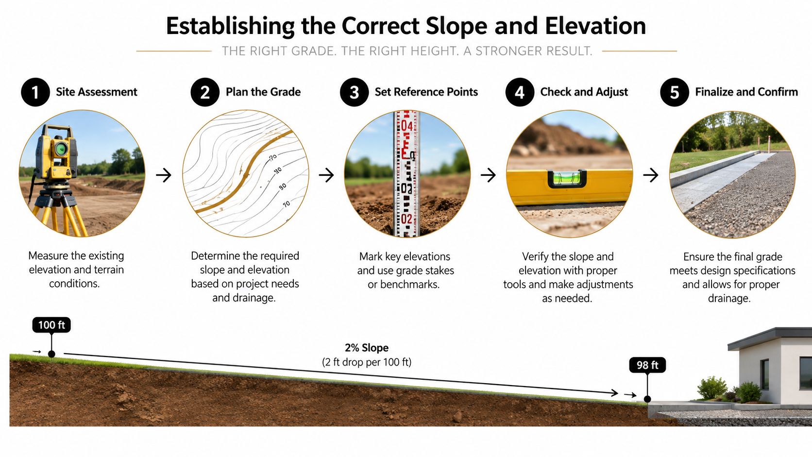 Garage Floor Drain Installation Guide 1 A five-step infographic illustrating the professional process of establishing proper ground slope and elevation for drainage.