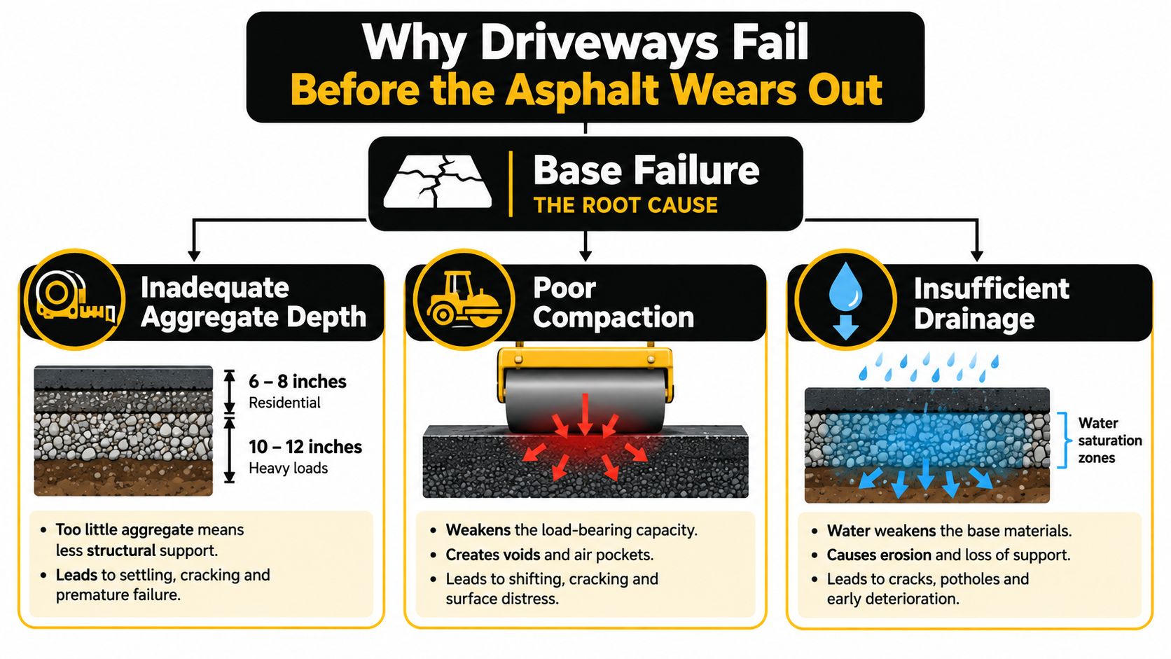 Gravel Base for Asphalt Driveway: A Homeowner's Guide 2 An infographic showing three main reasons for driveway failure: inadequate aggregate depth, poor compaction, and insufficient drainage.