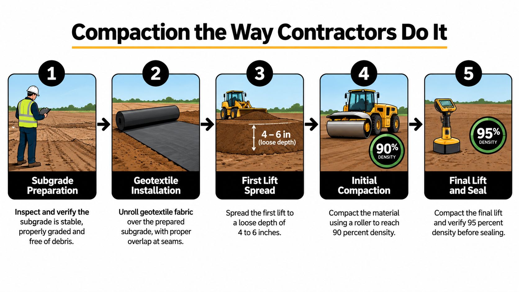 Gravel Base for Asphalt Driveway: A Homeowner's Guide 3 A five-step infographic showing the construction process of subgrade preparation, geotextile installation, and soil compaction for roadwork.
