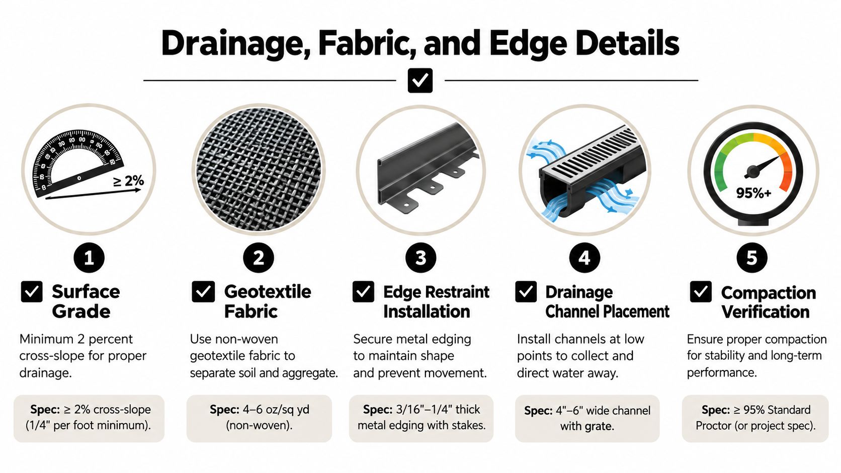 Gravel Base for Asphalt Driveway: A Homeowner's Guide 4 An infographic detailing essential steps for drainage, geotextile fabric, edge restraint, channel placement, and compaction for construction.