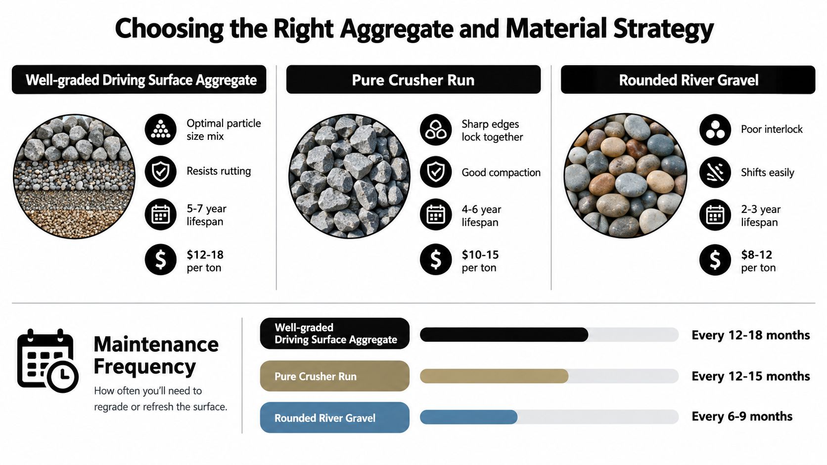 A comparison chart outlining the pros, costs, and maintenance frequency of three different driveway gravel types.