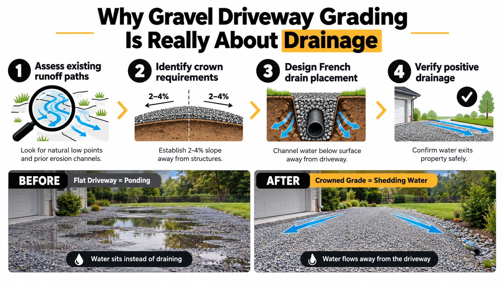 A step-by-step infographic showing how to grade a gravel driveway to improve drainage and prevent water ponding.