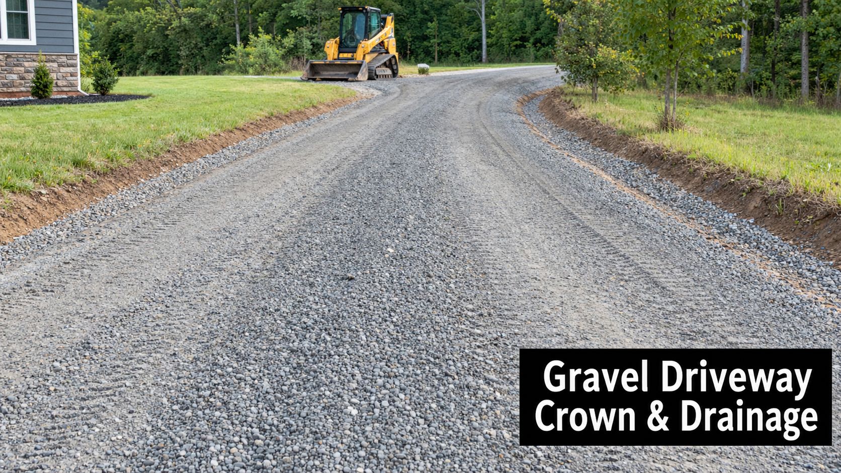 A newly graded gravel driveway with a proper crown for drainage and a construction loader parked nearby.