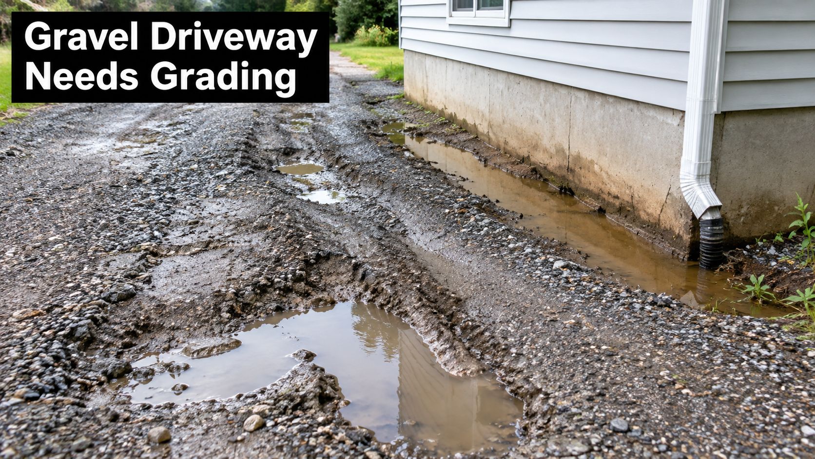 A muddy gravel driveway with deep potholes and standing water pooling against a house foundation.