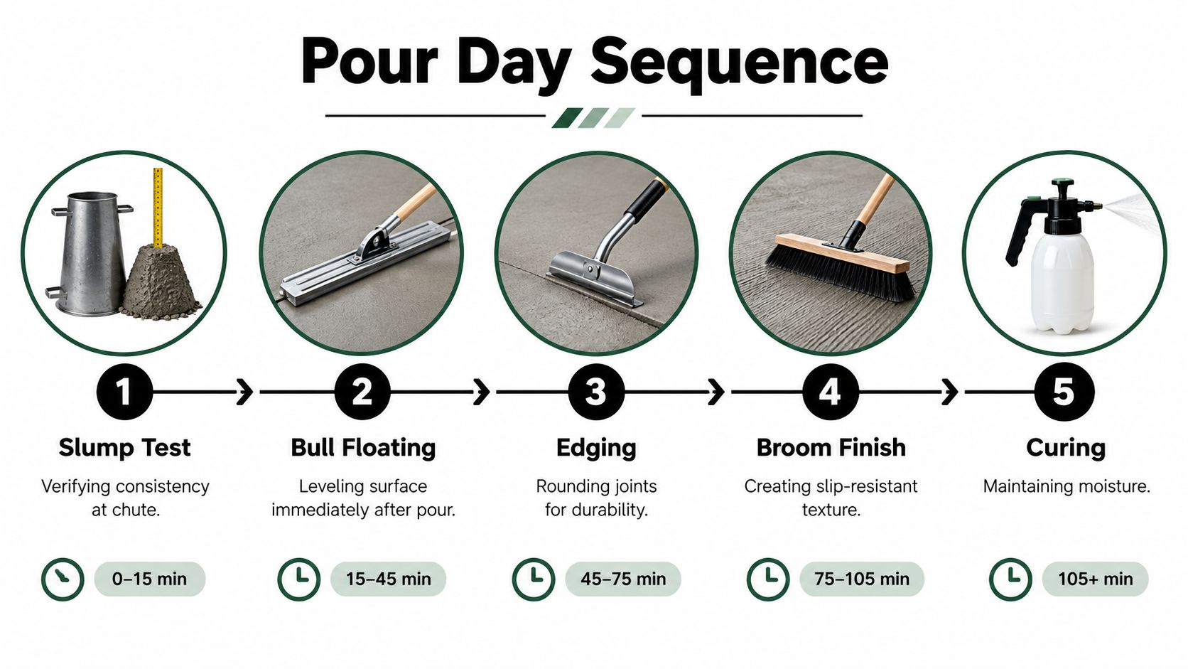 A five-step infographic showing the sequence for a concrete pour, including testing, floating, edging, finishing, and curing.