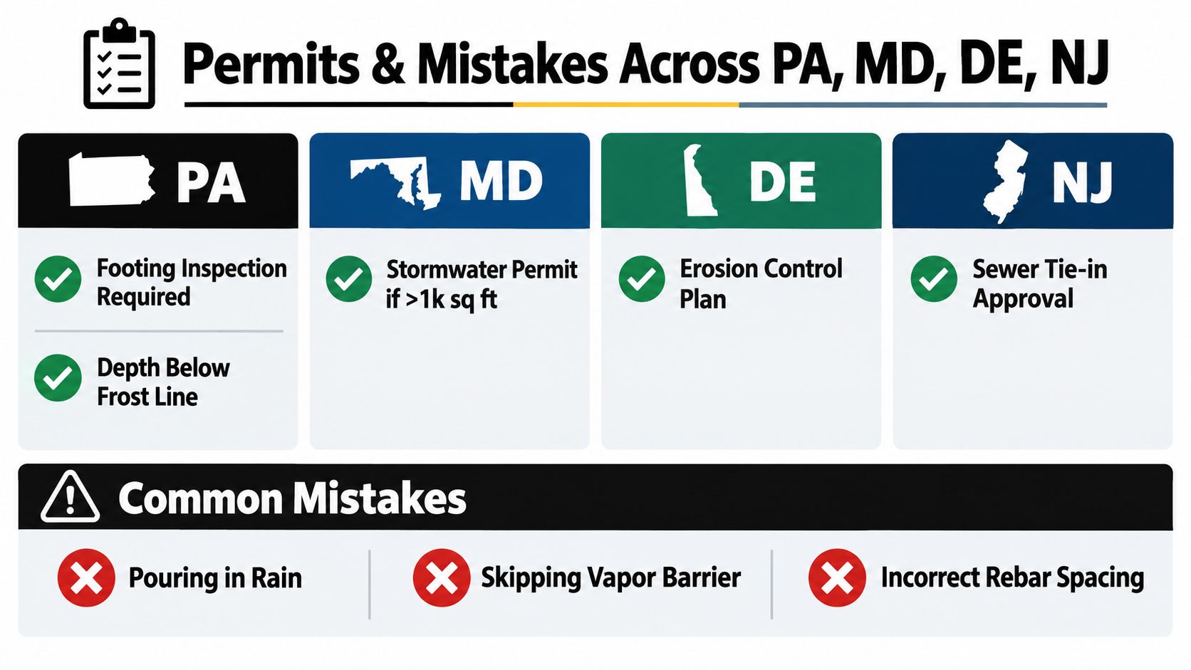 A chart detailing common construction permits and typical concrete foundation mistakes across PA, MD, DE, and NJ.