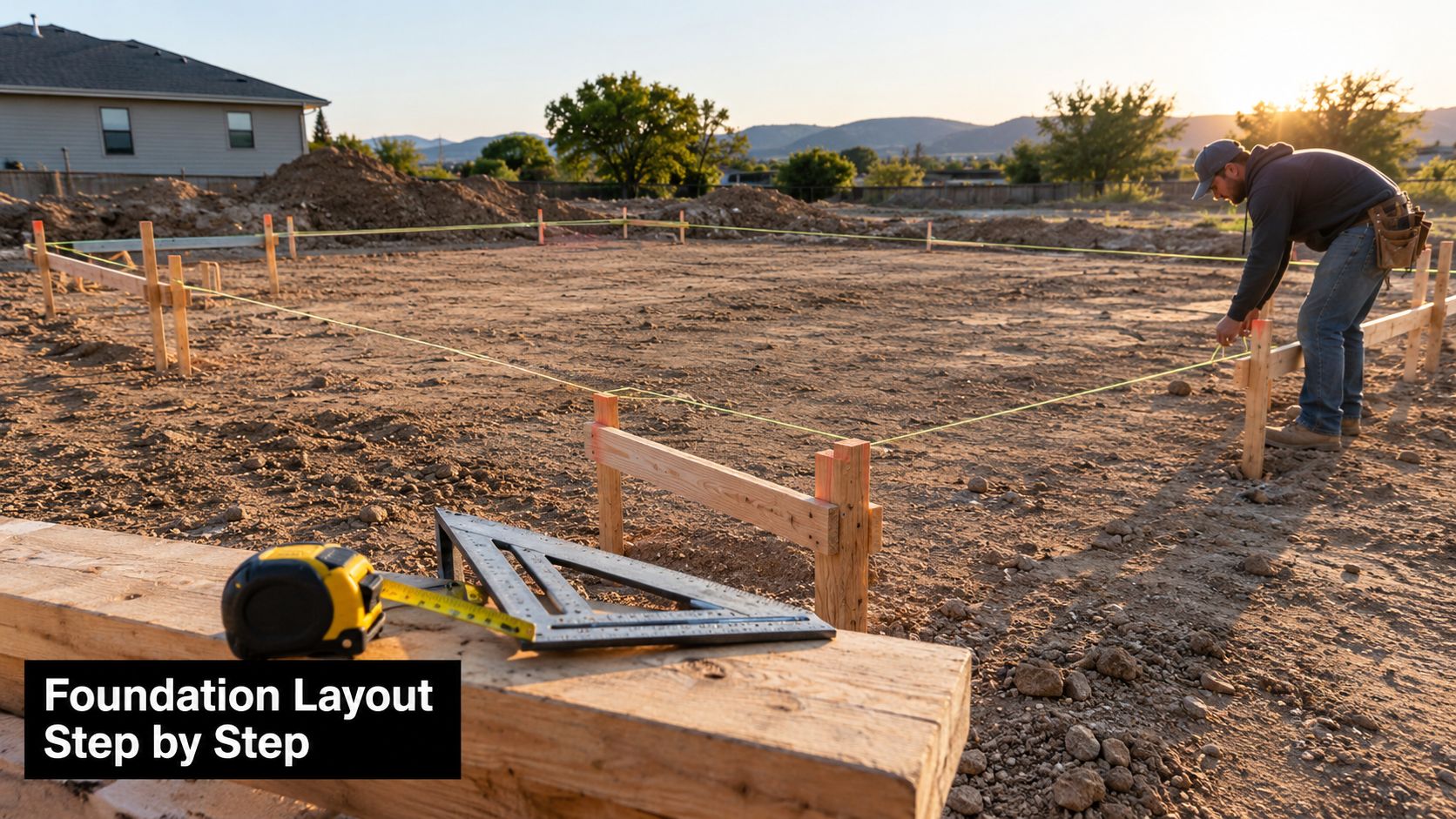 A construction worker uses string lines to lay out the foundation for a new house at sunset.