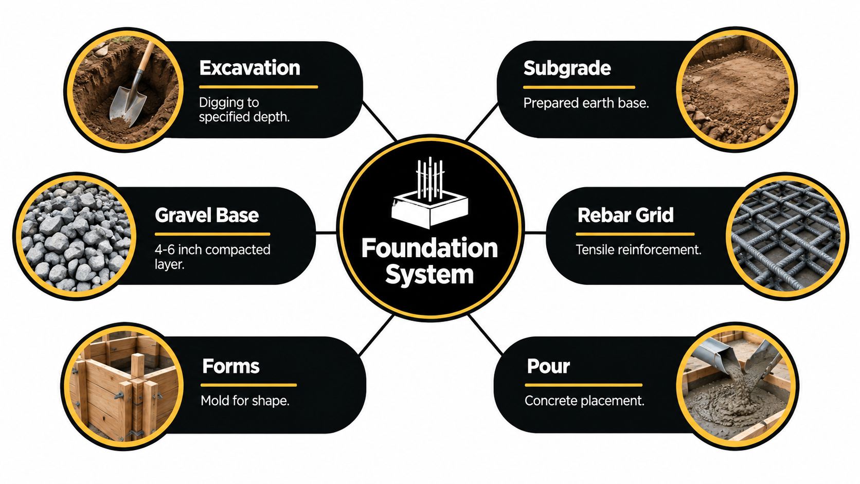 A diagram illustrating the six essential steps of the foundation system construction process including excavation and pouring.