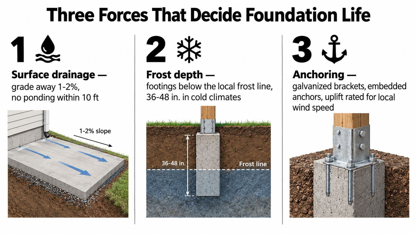 A diagram illustrating the three essential factors for durable foundation life: surface drainage, frost depth, and anchoring.