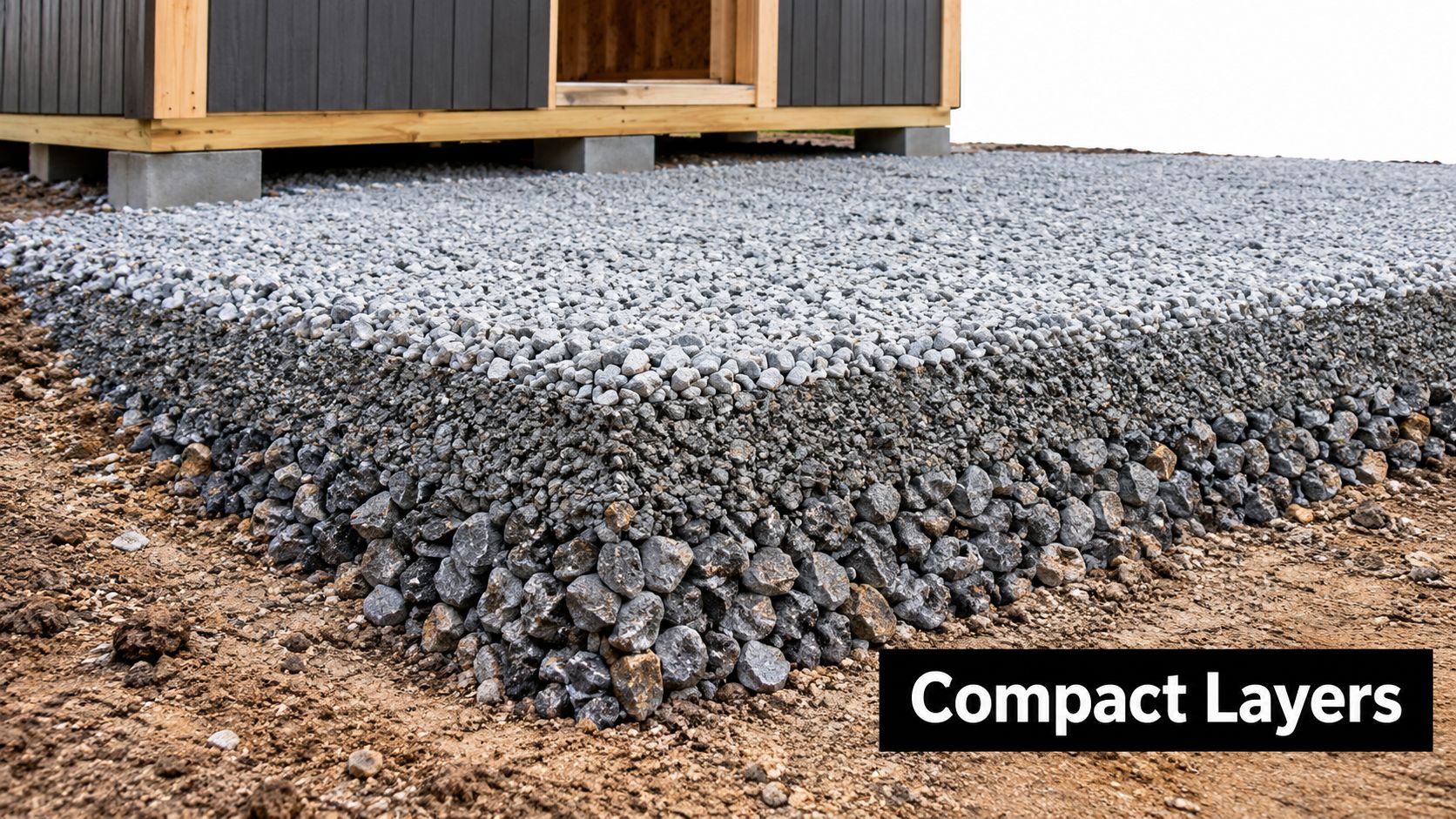 A close-up cross-section view of a shed foundation featuring multiple layers of gravel and crushed stone.